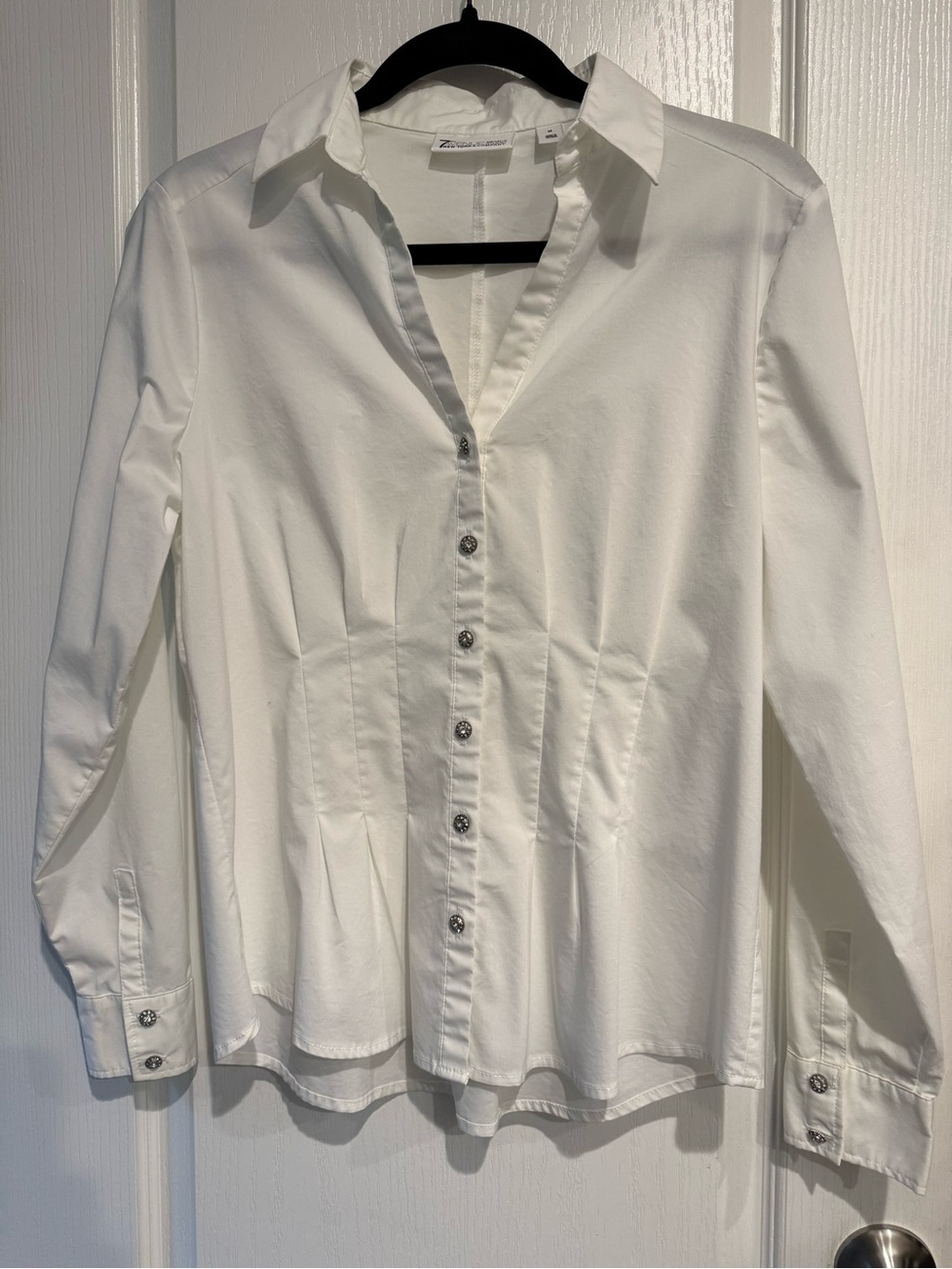 New York & Company White Button-Down Shirt Blouse with Rhinestone Buttons